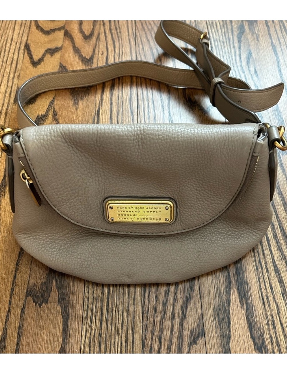 Marc by Marc Jacobs Natasha Taupe Pebbled Leather Crossbody with Gold Plaque